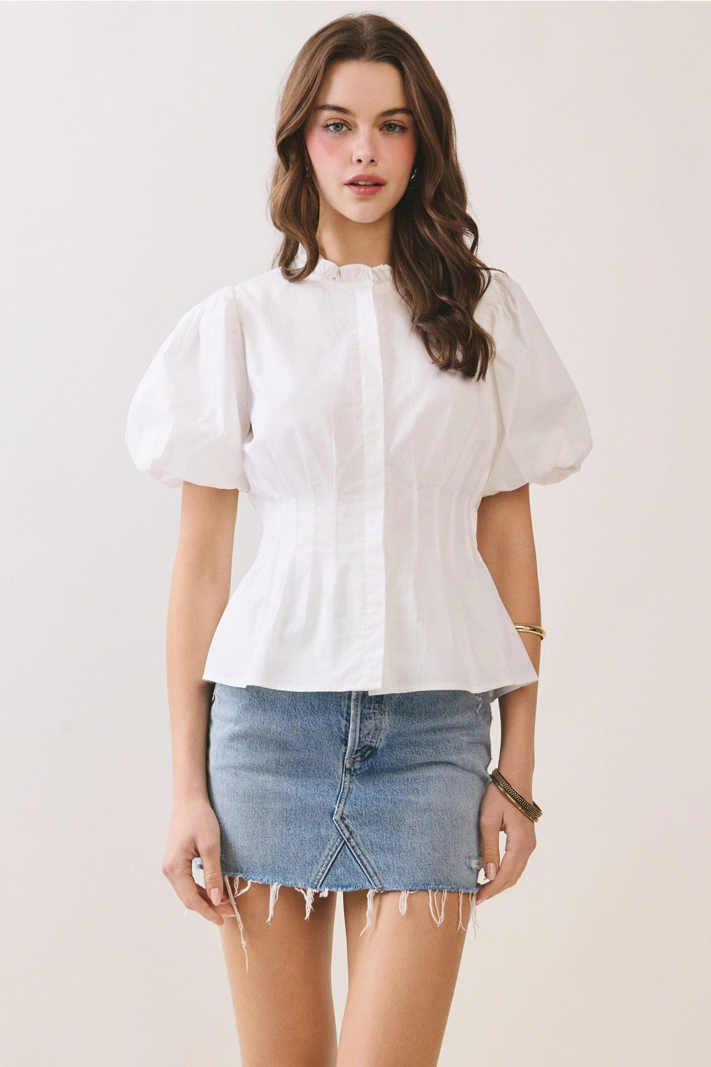 Classic Ruffled Mock Neck Fitted Bodice Button Down Top- White