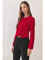 Ruched Bow Detail Long Sleeve Top- Red