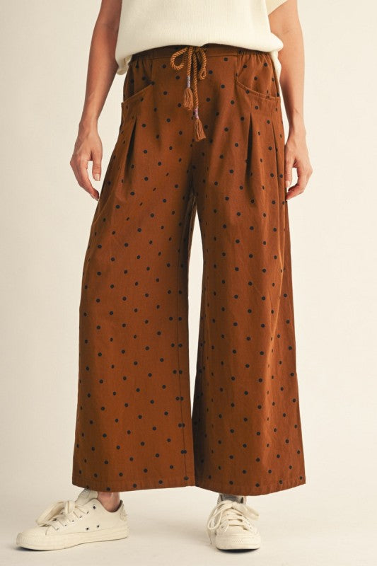 Ellison Wide Leg Polka Dot Pant w/ Drawstring Waist - Cognac