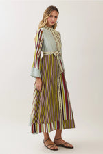 Sara Striped Tie Waist Button Down Maxi Dress- Burgundy/Olive