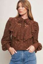 Chocolate Lace Tie Neck Blouse