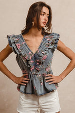 Vintage Floral Ruched V Neck Denim Peplum Top