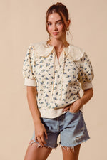 Vintage Floral Short Sleeve Sweatshirt With Peter Pan Collar