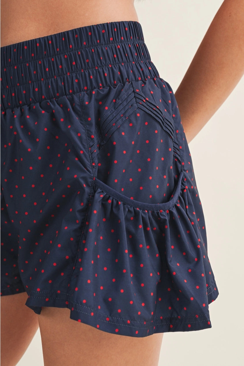 POLKA DOT PRINT NYLON FLARE SHORTS| Navy and Red