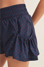 POLKA DOT PRINT NYLON FLARE SHORTS| Navy and Red