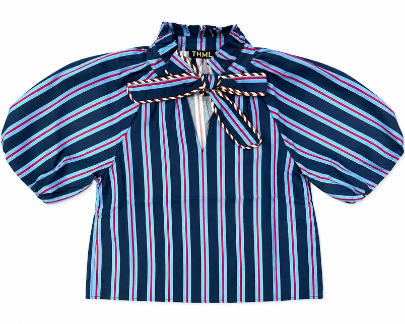 THML Blue/Red Striped Top with Bow Tie Neck