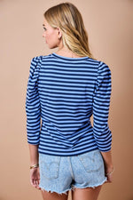 Tucker Striped Slim Fit Puff Shoulder 3/4 Sleeve Top -Navy/Sky