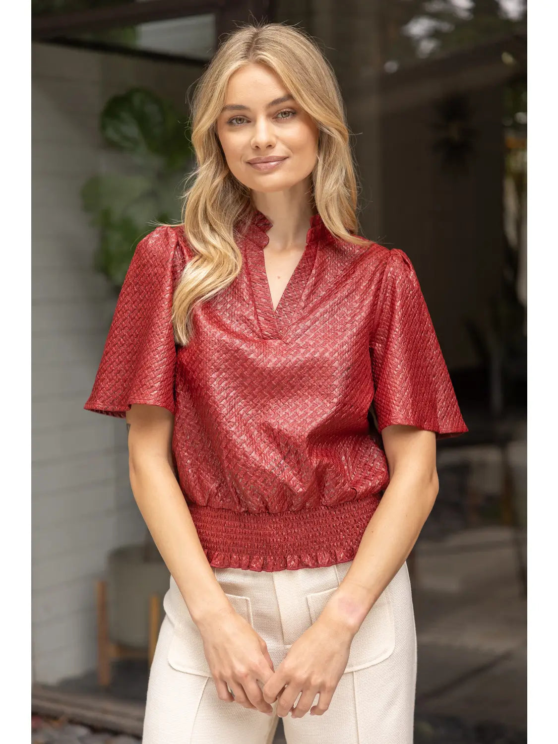 Smocked Hem and Solid Textured Top- Burgundy