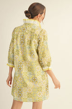 Citron Mix Print Ruffle Neck Mini Dress