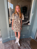 Ava Zebra Denim Collared Button Detail Mini Dress- Brown