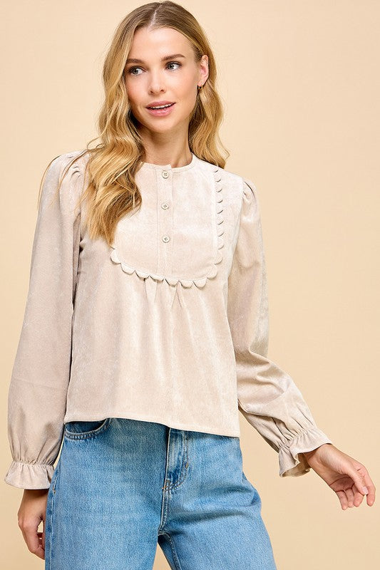 SUEDE SCALLOPED NECKLINE DETAIL TOP