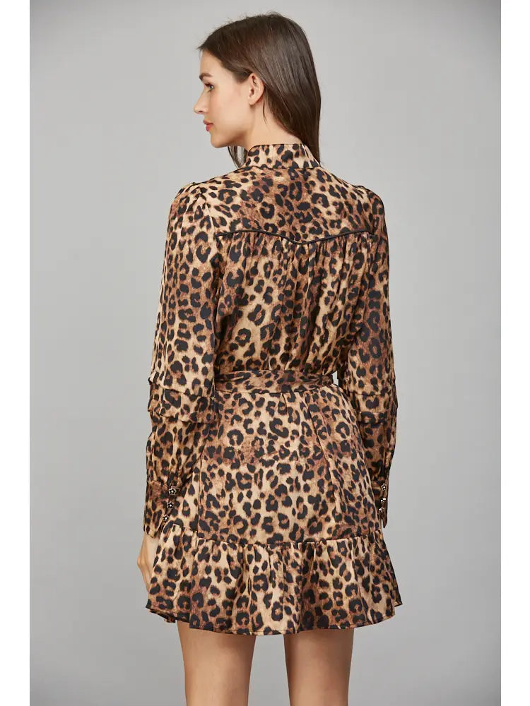 Animal Print Satin Tie Waist Shirt Dress by Fate