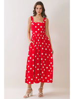 Vivian Red Polka Dot Square Neck Midi Dress