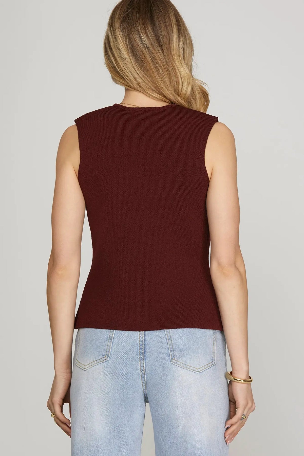 Maroon Heavy Knit Sweater Vest with Gold Button Detail