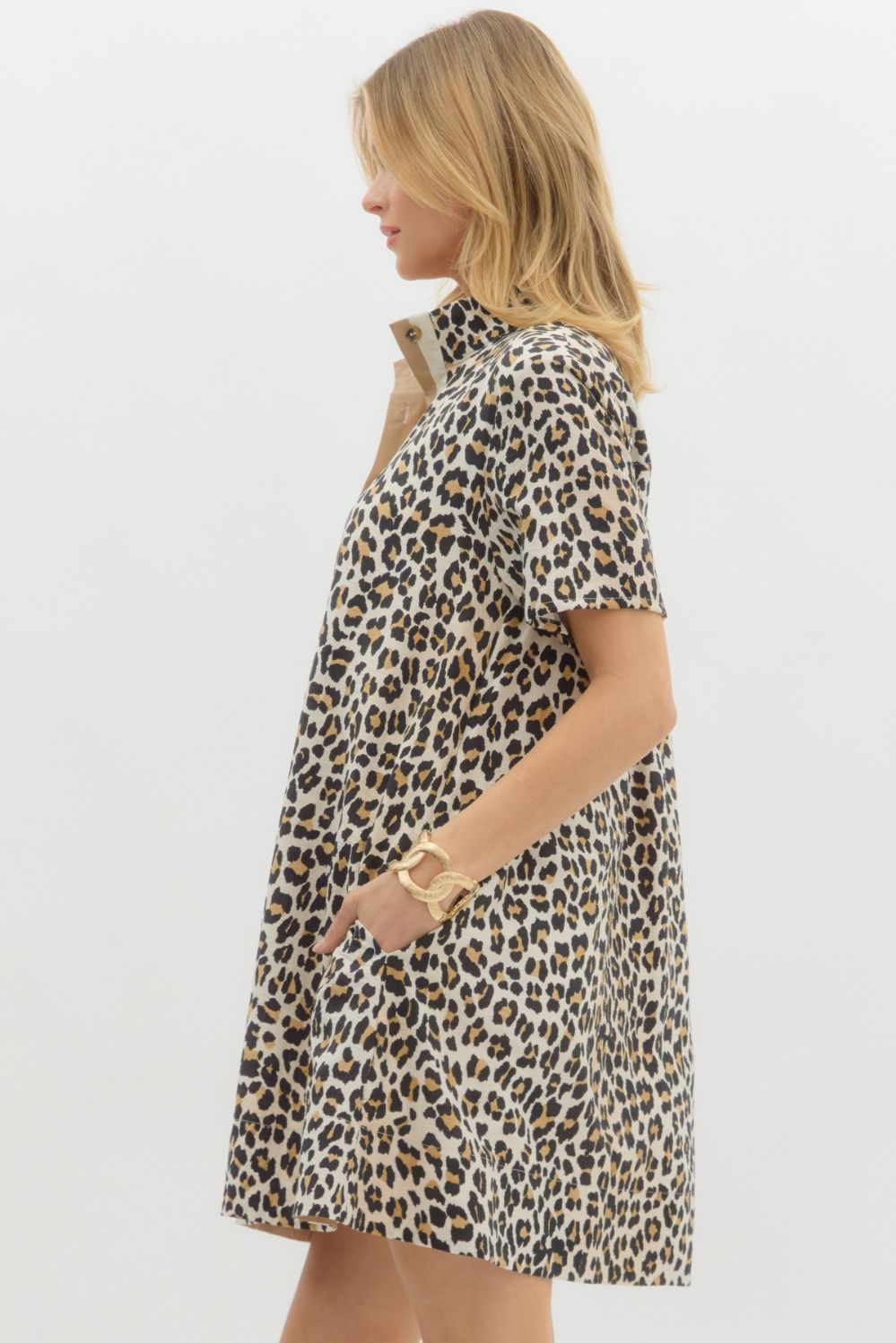 Leopard Pullover Mini Dress with Contrast Button Collar
