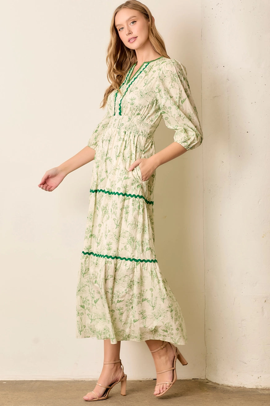 FLORAL PRINT ELASTIC WAIST TIERED MAXI DRESS