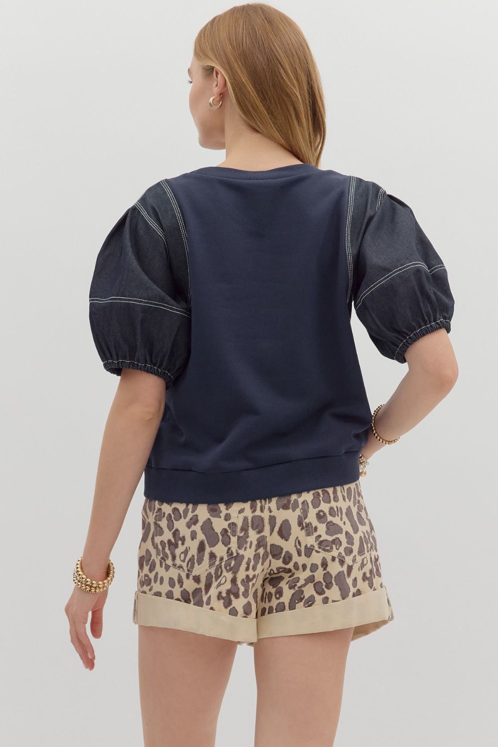 Blakely Crew Neck Top with Exposed Stitching Detail - Navy