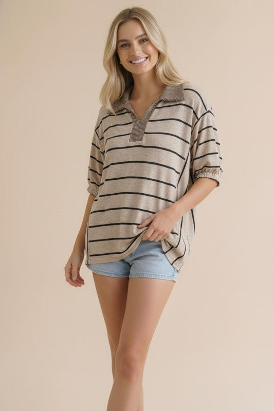 Carson Taupe/Black Stripe Polo Style Top