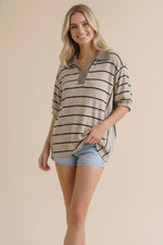 Carson Taupe/Black Stripe Polo Style Top