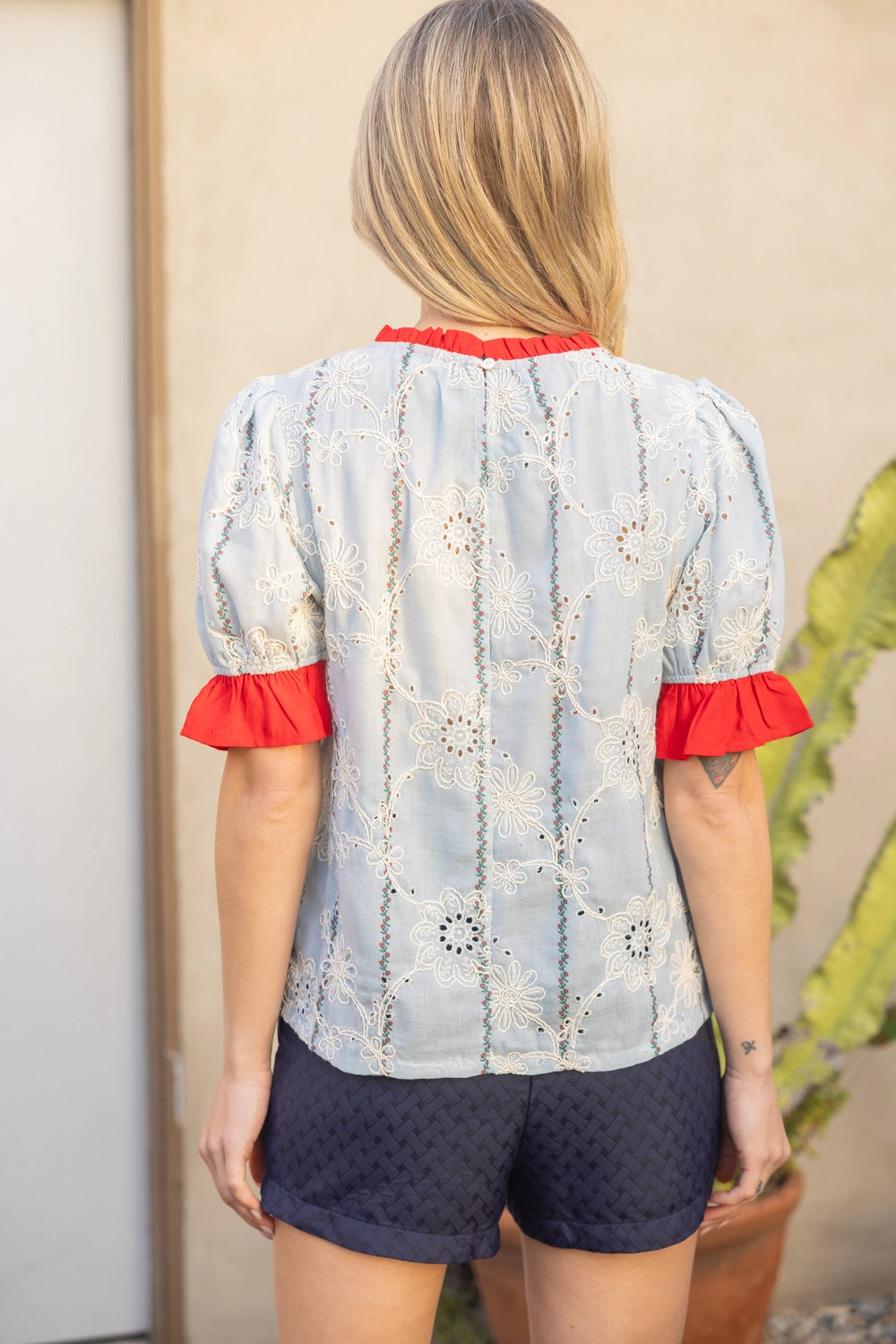 Ruffled Detail Floral Eyelet Embroidered Top - Light Blue/ Red