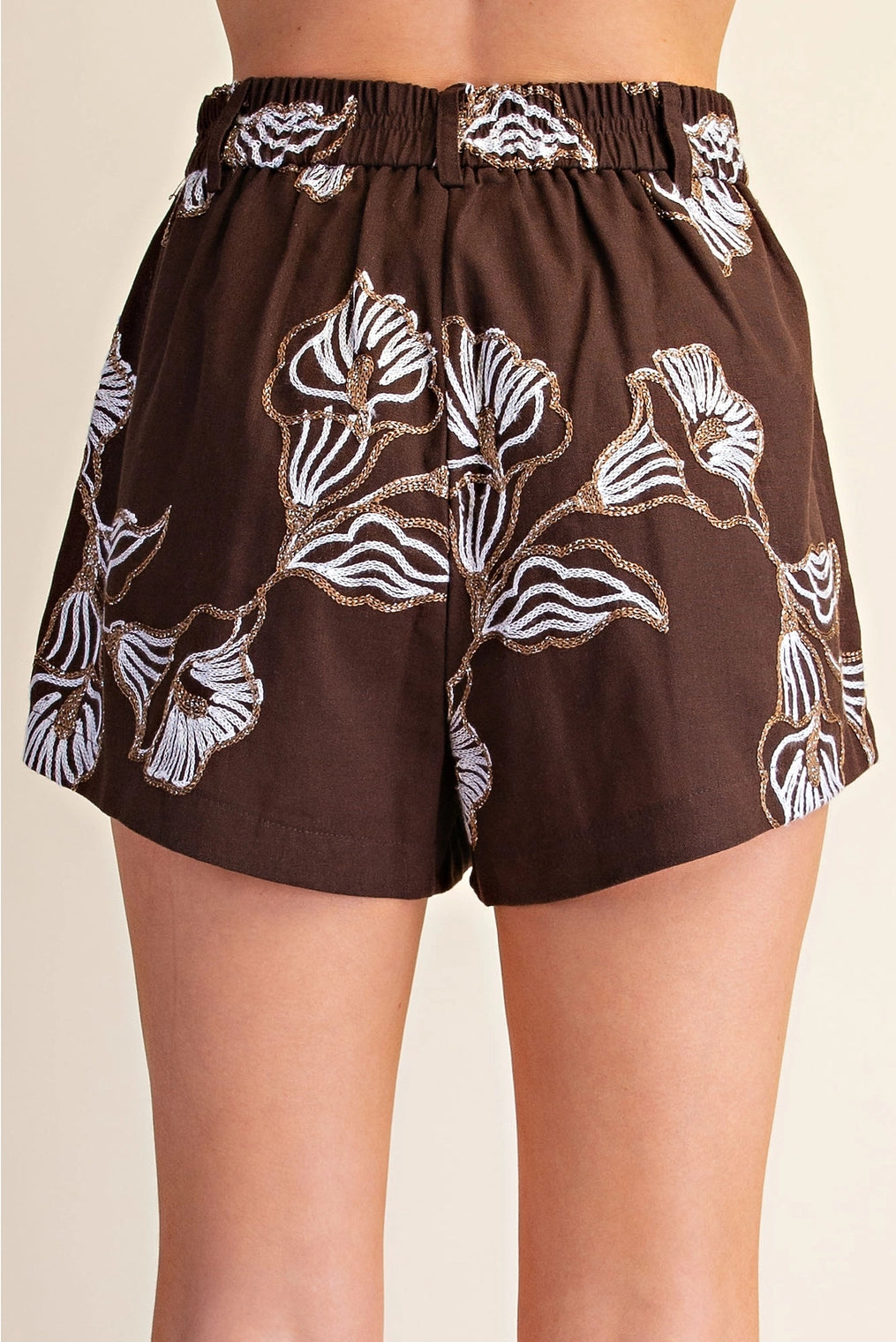 Viv High Waist Embroidery Dress Shorts- Brown, Gold and Cream