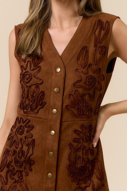 Cinnamon Embroidered Suede Button Down Mini Dress