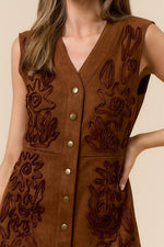 Cinnamon Embroidered Suede Button Down Mini Dress
