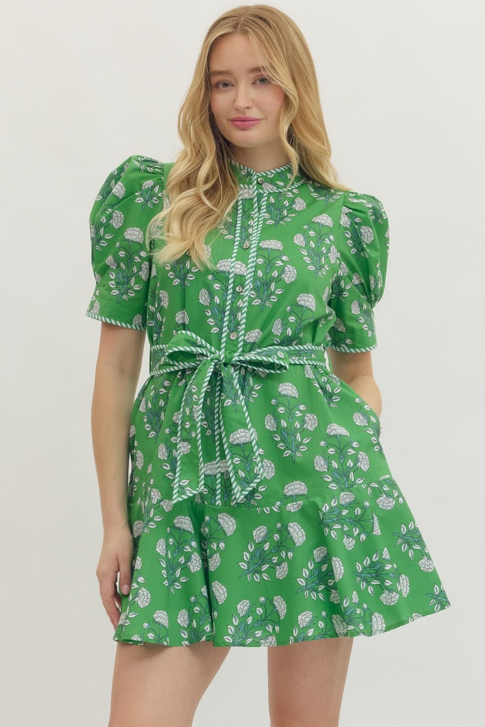Georgia Green and Blue Floral Mini with Self Tie Waist