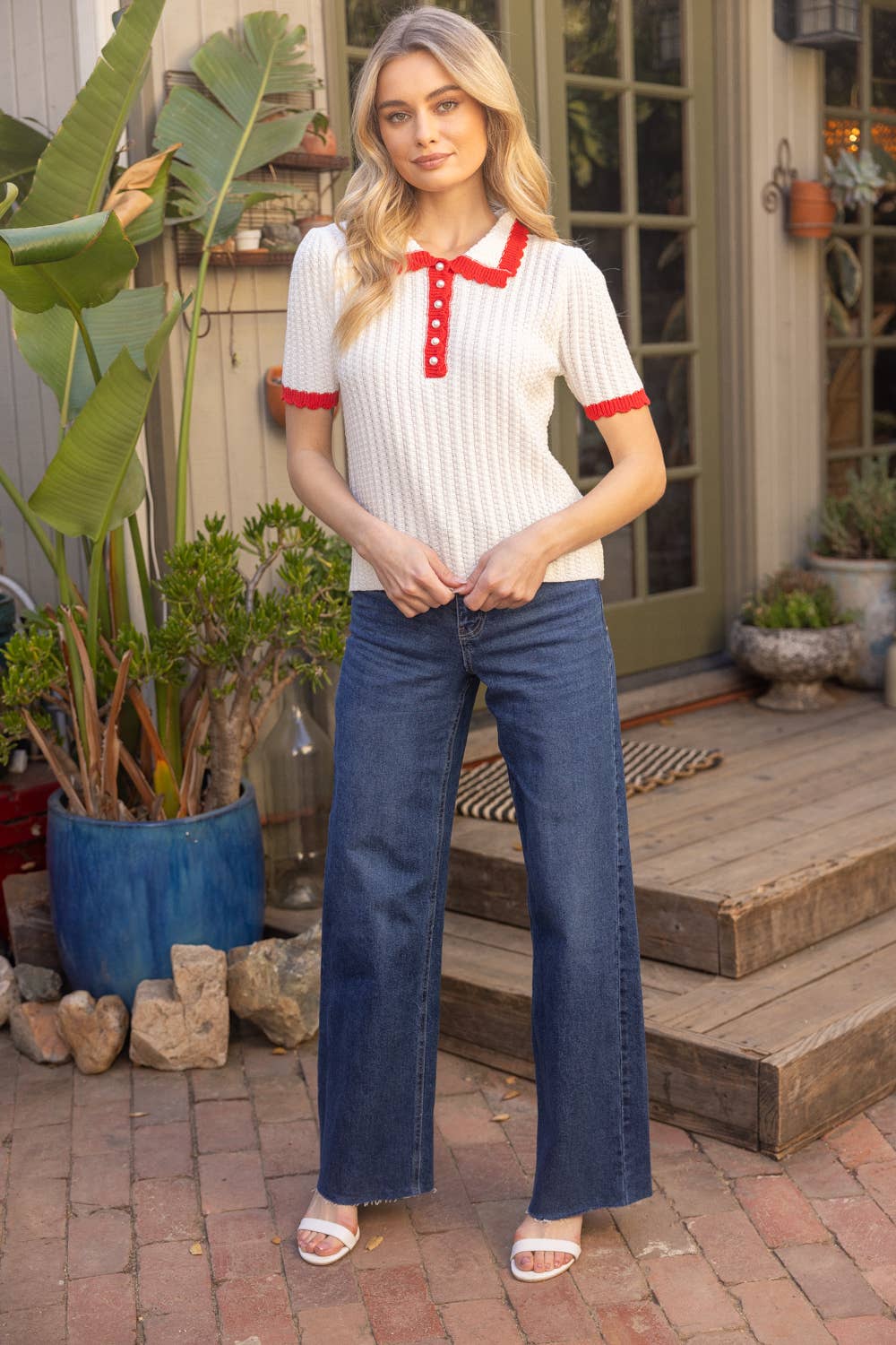 Nina Pearl Accent Button Scalloped Knit Top with Red Contrast
