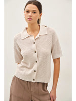 TEXTURED RIB KNIT COLLARED BUTTON UP SHORT SLEEVE SWEATER TOP-