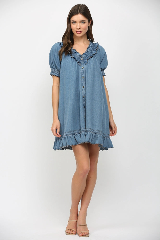 Ruffled V-Neck Short Puff Sleeve Mini Dress by FATE