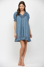 Ruffled V-Neck Short Puff Sleeve Mini Dress by FATE
