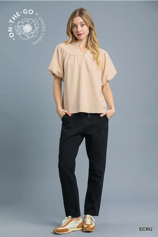 Dayton Piped Yoke Puff Sleeve Top- Ecru