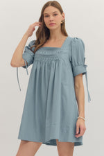 Country Blue Square Pleated Neck Mini Dress