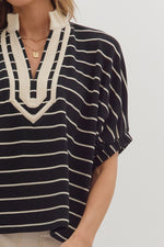 Black and Cream Striped Short Sleeve Top with Contrast Trim