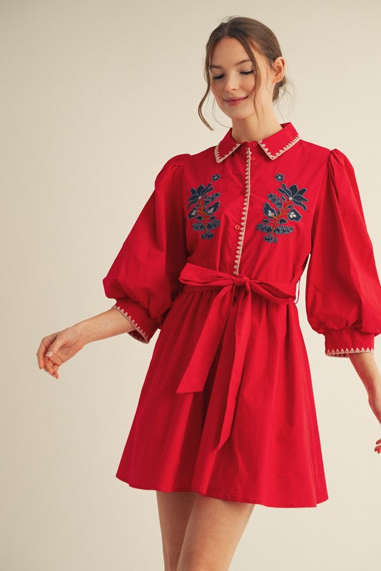 Calla Red Button Down Dress featuring Navy Floral Embroidery and Self Tie Waist