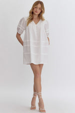Simple White Dress with Pintuck Pleats, Puff Shoulders and Pockets!
