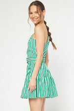 ONE SHOULDER GREEN PIN STRIPE BELTED MINI