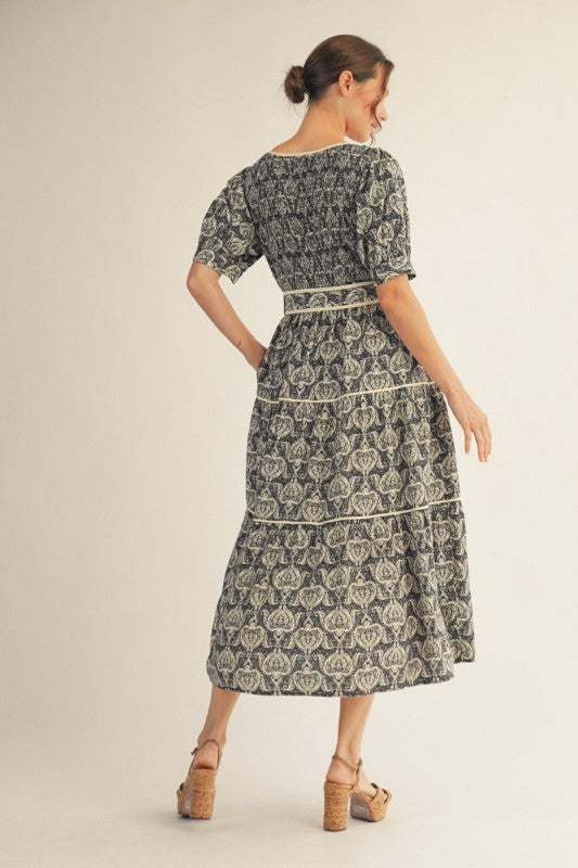 Myra Black and Ivory Smocked Bodice Belted Midi