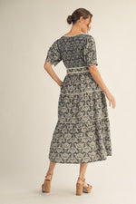 Myra Black and Ivory Smocked Bodice Belted Midi