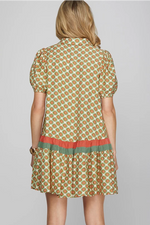 SHORT SLEEVE BUTTON DOWN PRINTED DRESS Sage and Coral