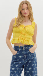 Yellow Floral Eyelet Top featuring Smocked Shoulder and Bow Tie Closure