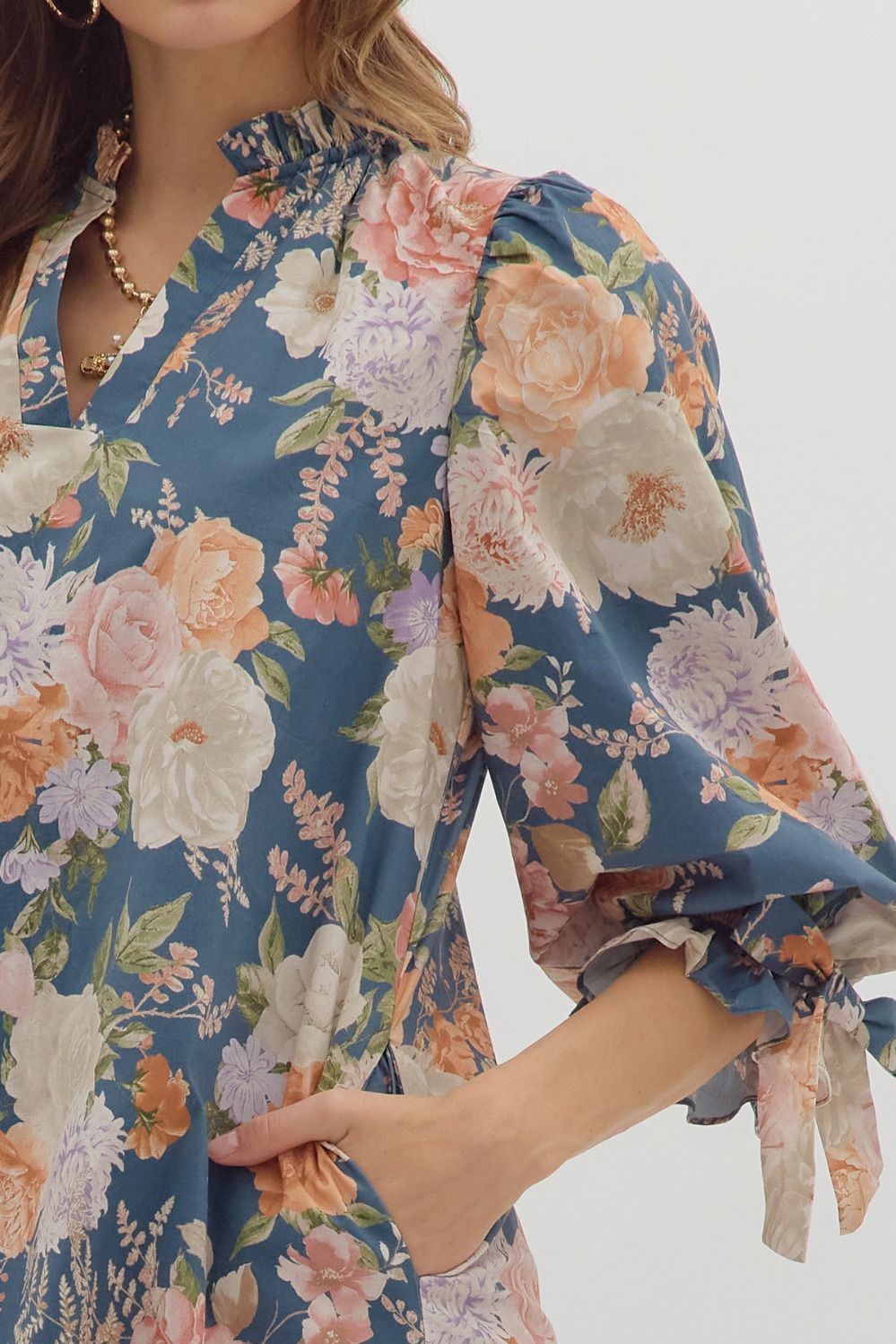 Roxie Floral Print Mini Dress featuring Fixed Bow Elbow Accent and Ruffle Neck