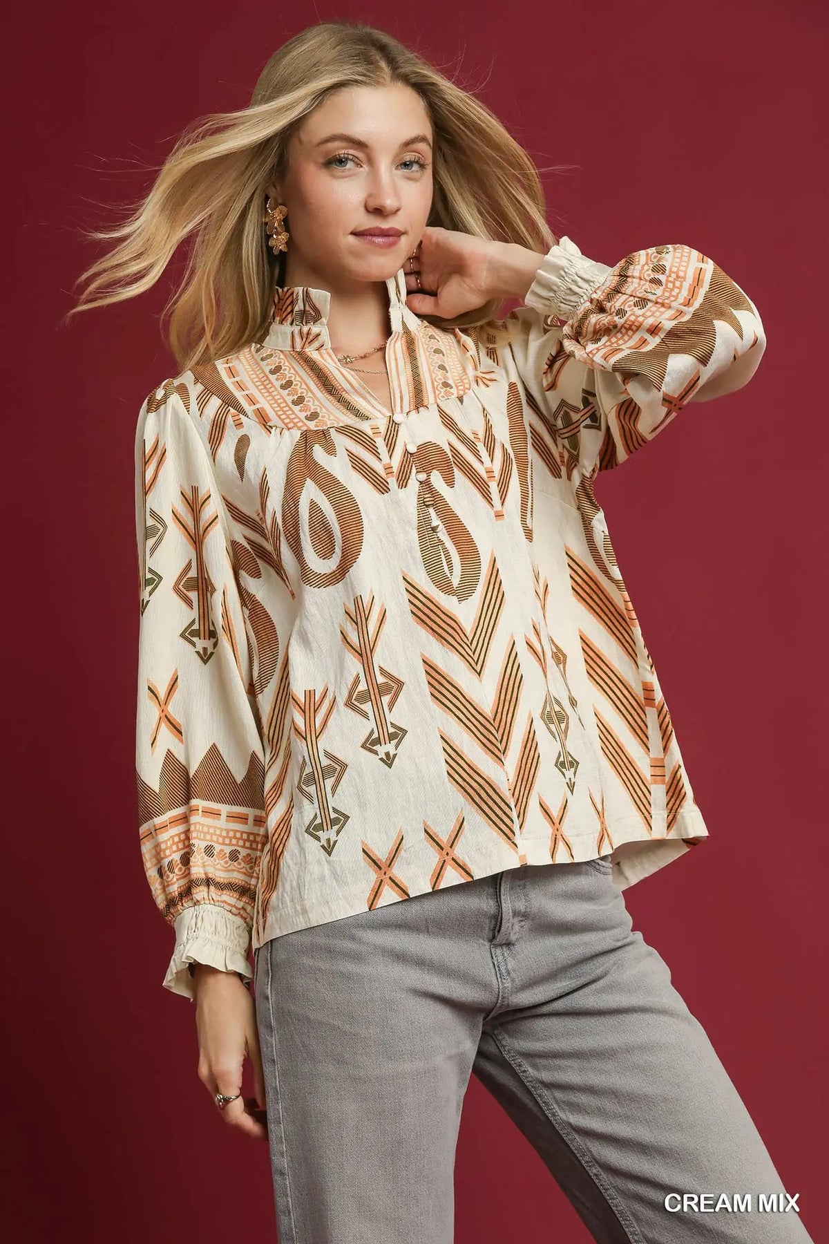 Cream Mix Boho Print Ruffle Neck Blouse