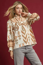 Cream Mix Boho Print Ruffle Neck Blouse