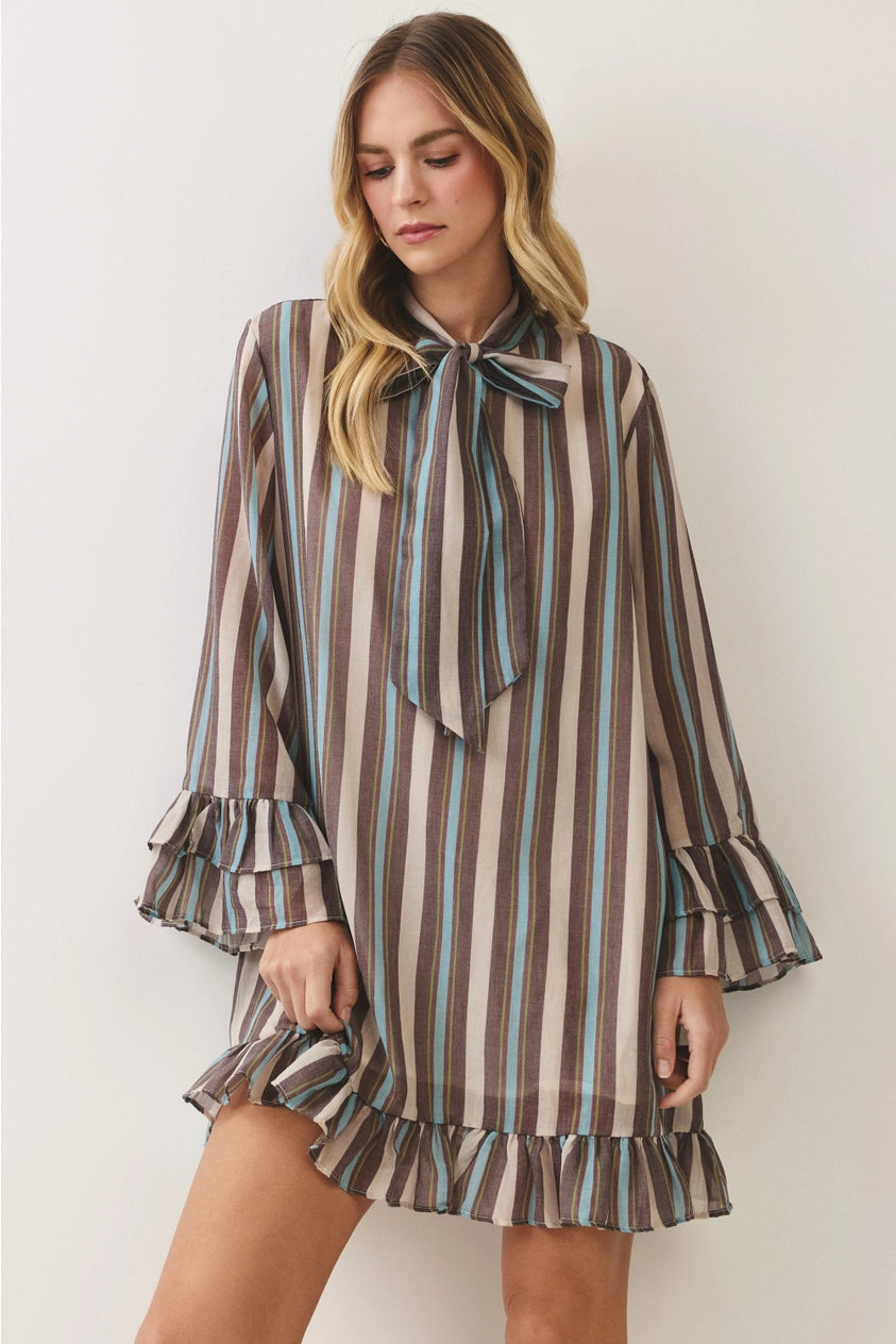 Eva Striped Bow Tie Ruffle Mini Dress