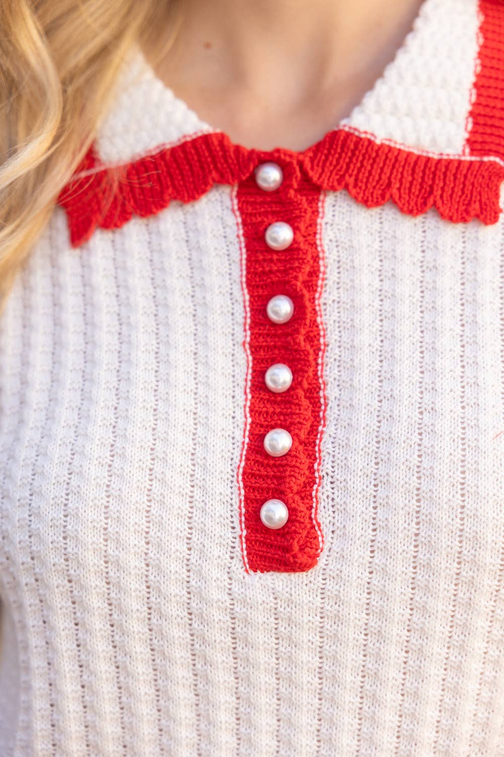 Nina Pearl Accent Button Scalloped Knit Top with Red Contrast