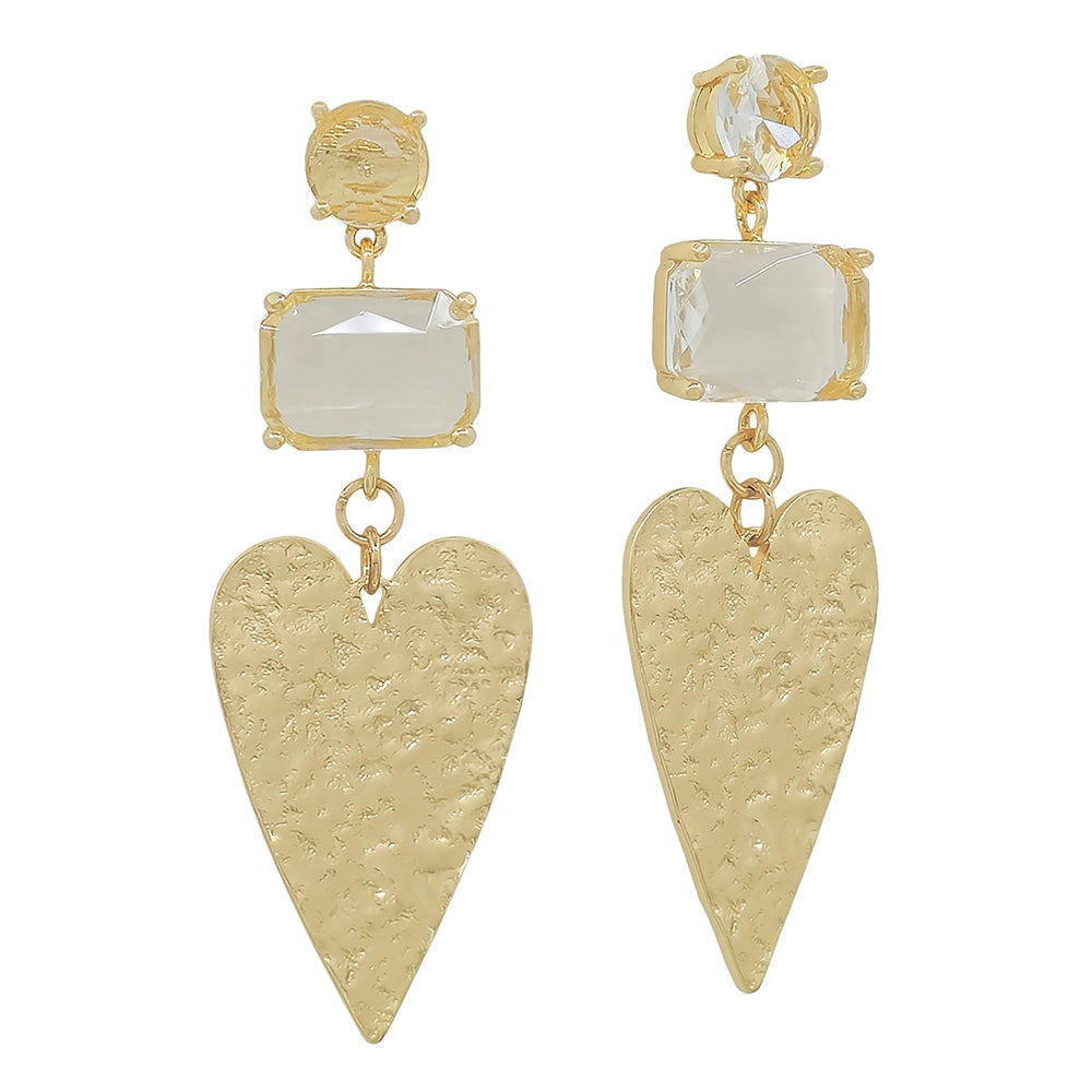 HAMMERED HEART WITH CLEAR RECTANGLE STONE DROP EARRING