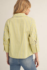 Lauren Striped Top with Gold Button Accent - Light Yellow/ Blue