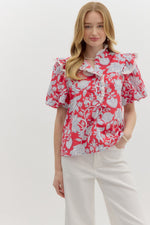 Paisley Print Bubble Sleeve Top with Detail Trim